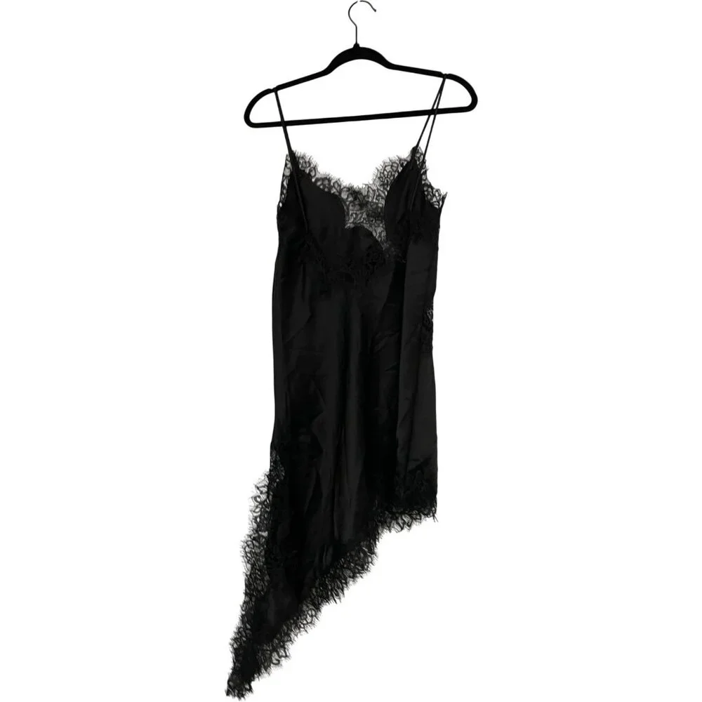 Zara Womens Slip Dress S Black Satin Asymmetric Floral Trim Lace 5919/200 NWOT - Picture 4 of 13